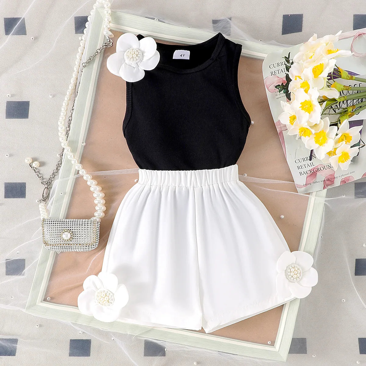 Girls' Summer Sweet Clothes Set Solid Color Sleeveless Three-dimensional Flower Top Elastic Shorts Two-piece Set