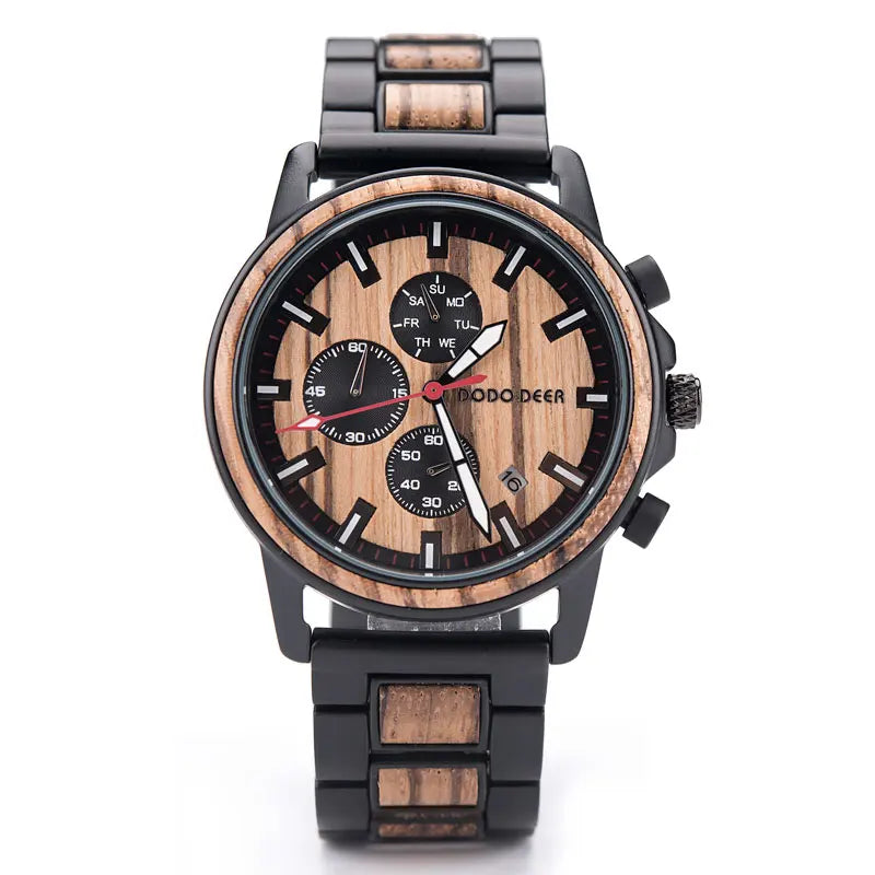 For 2020 Men's Luxury Quartz Wooden Watch 38mm Chronograph Calendar Waterproof 3BAR Stainless Steel Hardlex Crystal