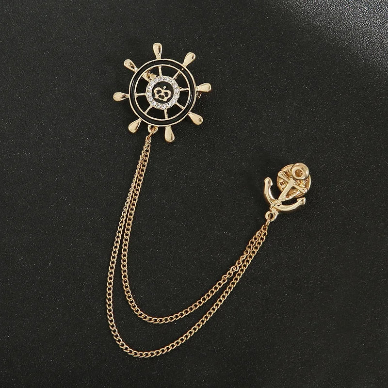 Navy Wind Boat Anchor with Diamond Chain Fashion Pin Men's Suit Accessories Personality Rudder Chain Brooch