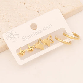 PVD Gold Plating Stainless Steel Stud Earrings Set for Women Men Butterfly Heartbeat Hypoallergenic Stud Flatback Earrings