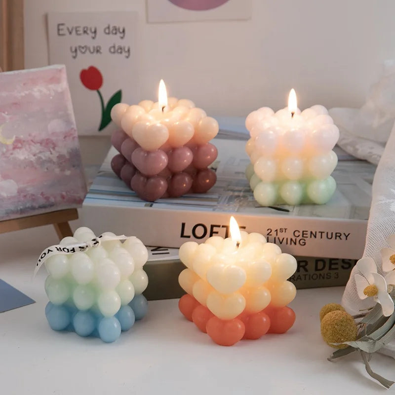 Luxury Gradient Color Heart Shaped Bubble Cube Candle Romantic Soy & Paraffin Wax Scented Candle Gift for Holiday Diwali Bars