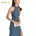 Clothing Wholesale Custom Solid Color Elegant Sleeveless Off Shoulder Formal Halter Neck Backless Woman Long Party Maxi Dresses