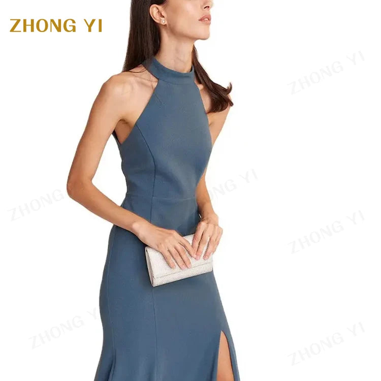 Clothing Wholesale Custom Solid Color Elegant Sleeveless Off Shoulder Formal Halter Neck Backless Woman Long Party Maxi Dresses