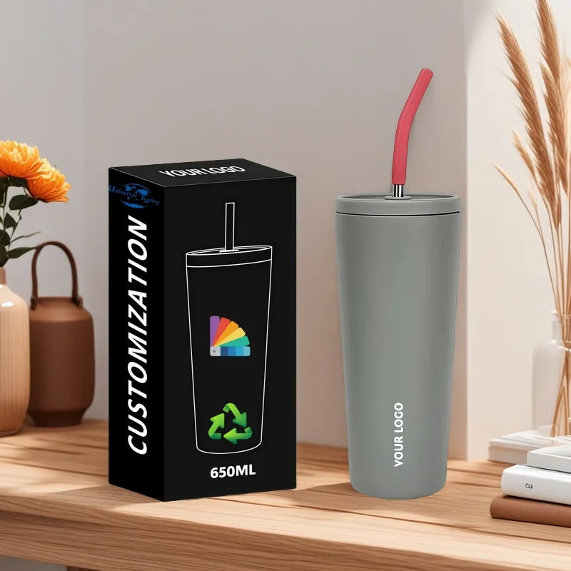 Wholesale 650ml/24oz Double-Walled Matte Stainless Steel Tumbler Cup with Straw Reusable Skinny Tumblers