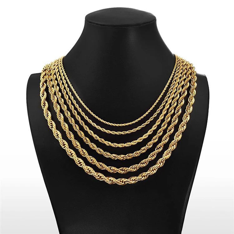 K110 Hip Hop Non Tarnish 2MM 3MM 4MM 5MM 8MM PVD 18K Gold Plated Twist Rope Link Necklace Stainless Steel Chain Jewelry