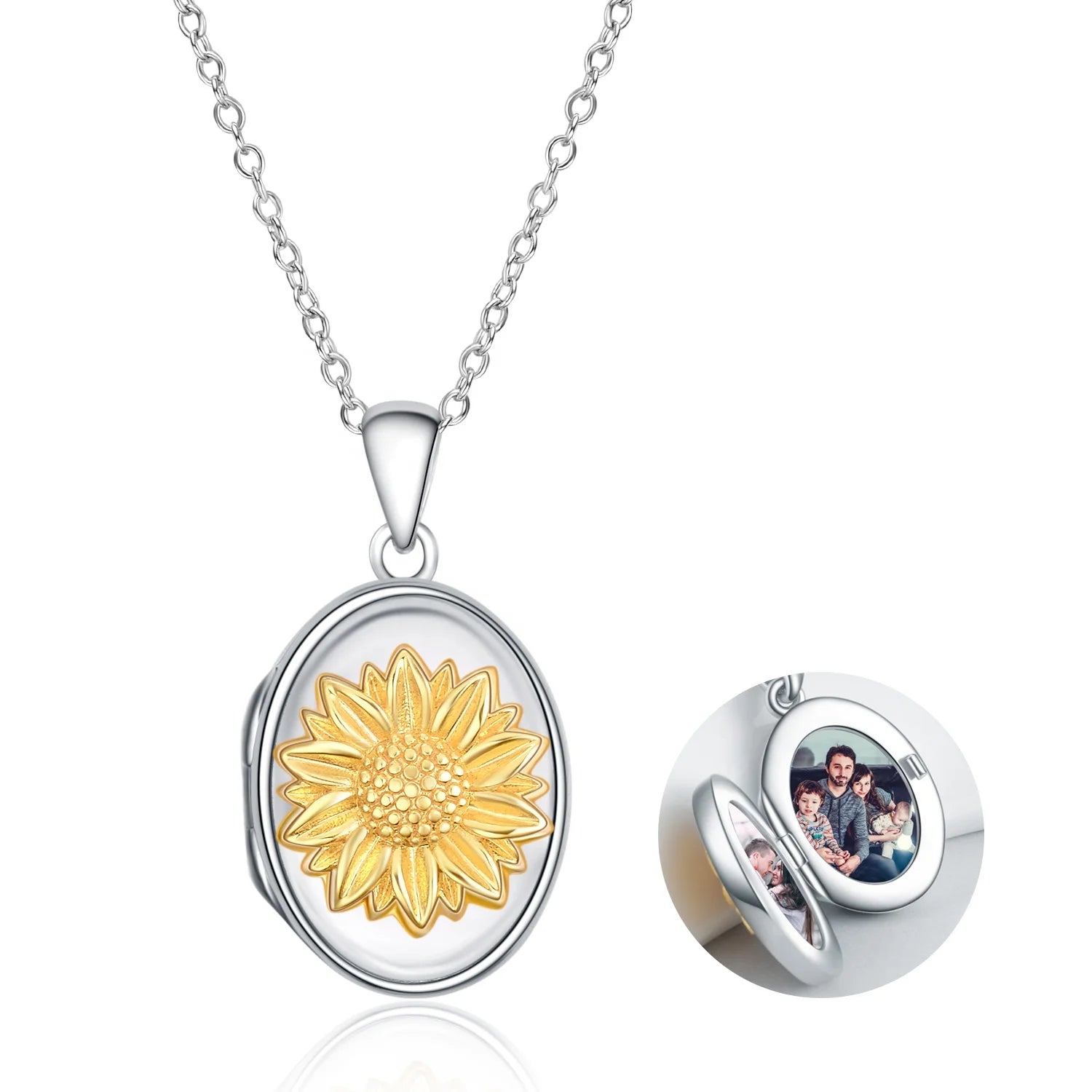 Jewelry Sunflower Holds Pictures Sterling Silver Oval Photo Locket Pendant Necklace