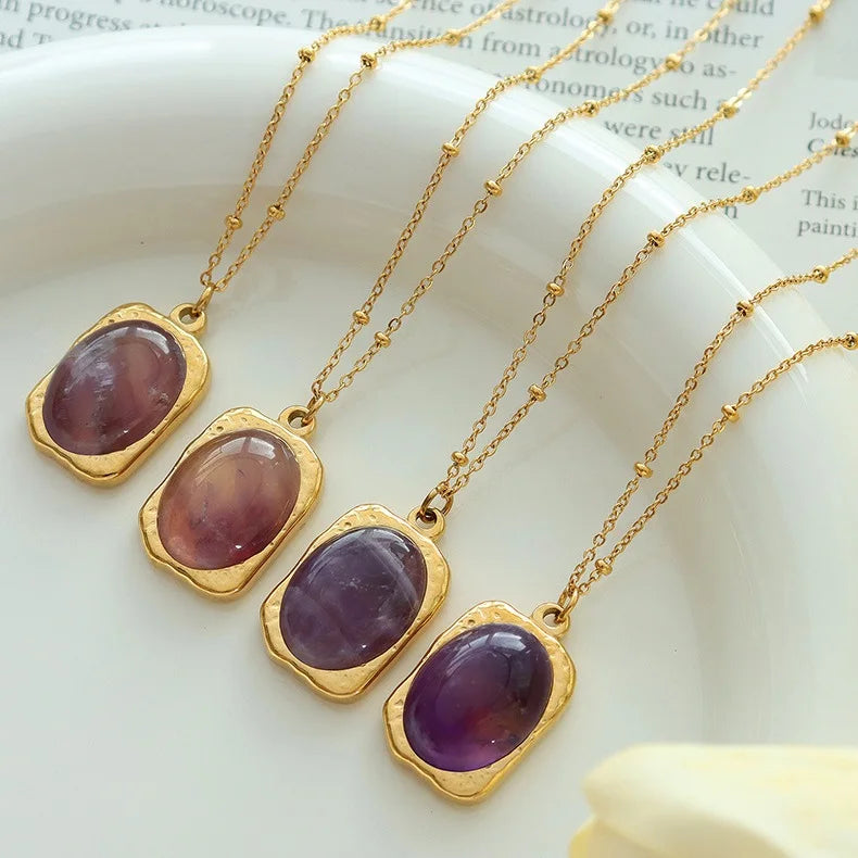 Europe Hot Sale 18k Real Gold Plated Natural Agate Stone Oval Pendant Necklace Stainless Steel Link Chain Onyx Choker Necklace