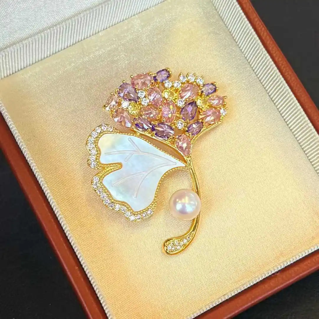 Natural Brass Aurora Sea Shell Ginkgo Leaf Brooch with 8-9mm High Freshwater Pearl Luxury Premium