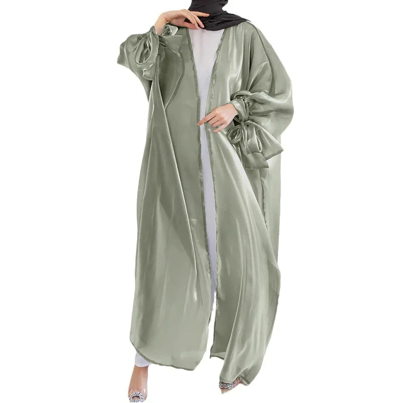 Fashion Muslim Women Bubble Sleeve Arabic Robe Dubai Elegant Long Skirt Island Silk Cardigan Abaya