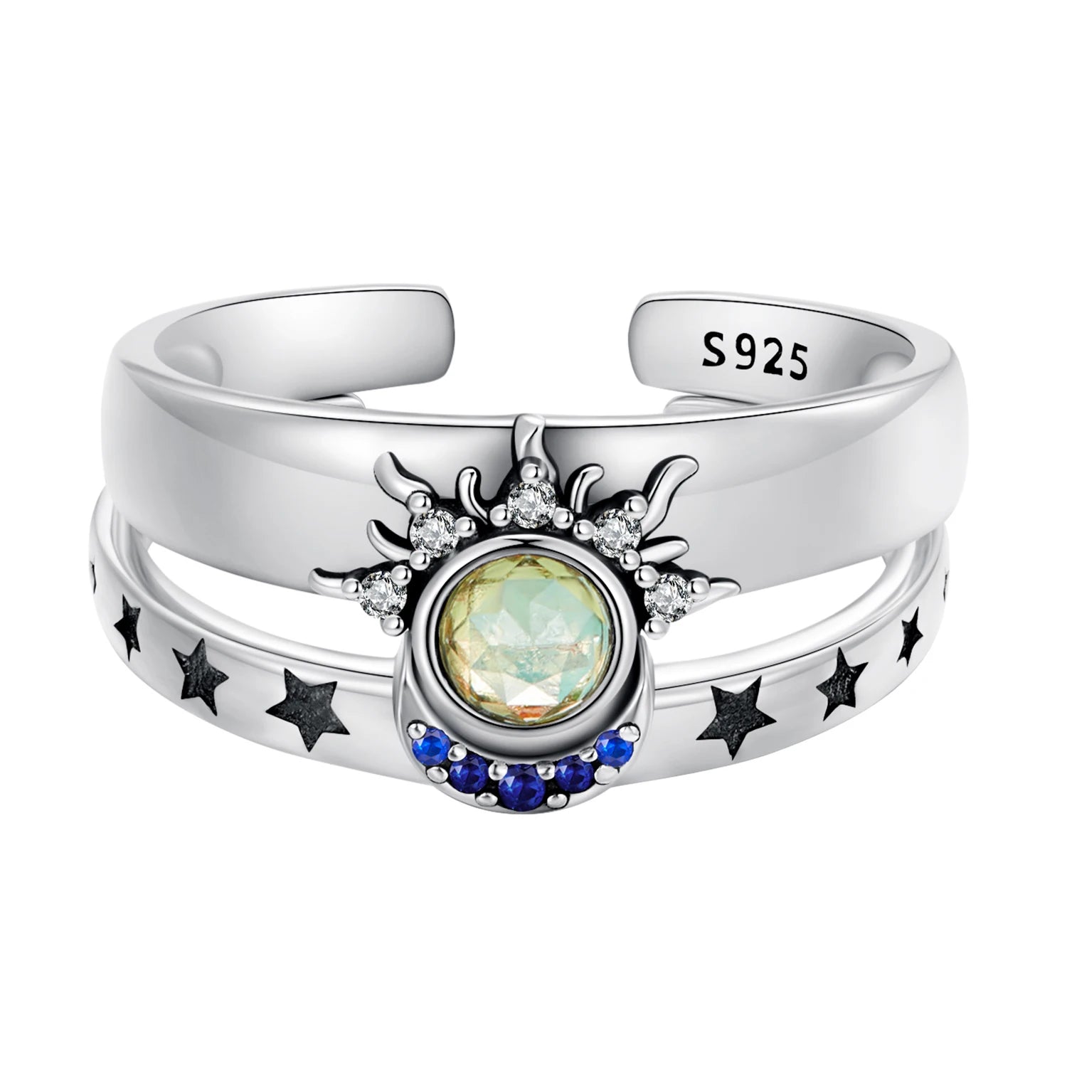 Chic Fine Jewelry Wholesale 925 Sterling Silver Sun and Moon Stackable Opening Ring Trendy Couple Ring for Women