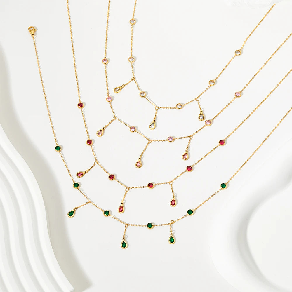 Popular Stainless Steel Gold Zircon Drop Shape Tassel Women's Necklace Bracelet Anklet Jewelry Set for Wedding Banquet Gifts