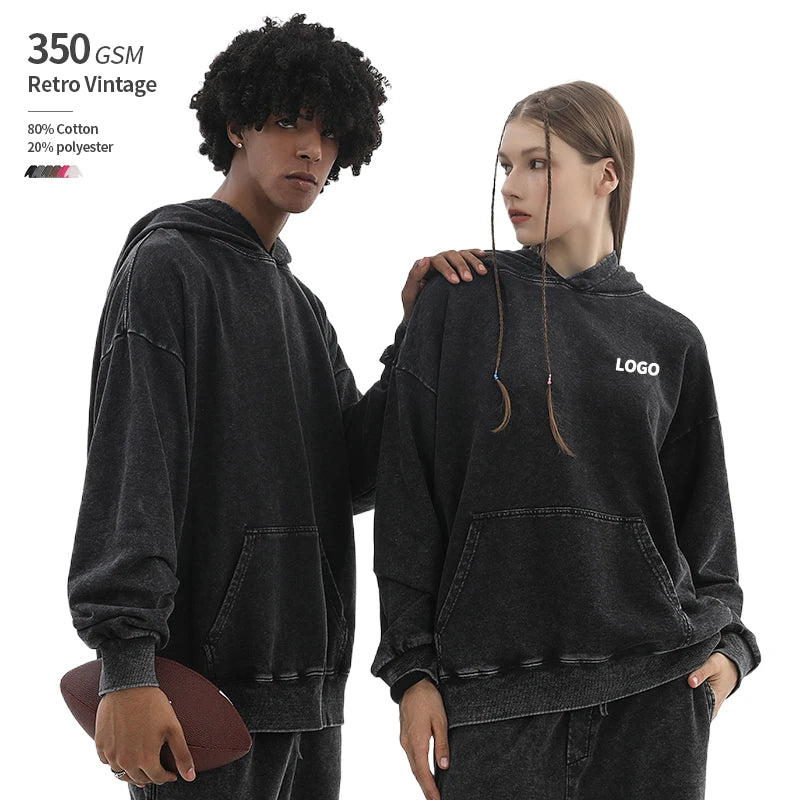 350 Grams 100% Cotton Soft Breathable Men Blank Acid Wash Hoodie Custom logo