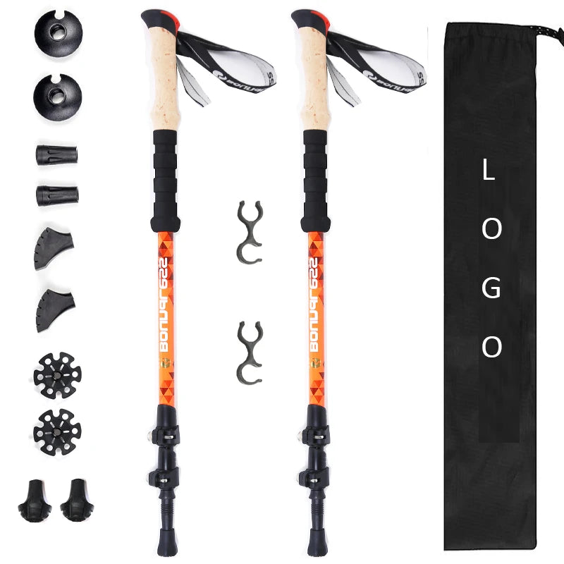 Telescopic Aluminum Alpenstock 3-Section External Flip Lock Dual Cork & EVA Grip Lightweight Trekking Stick for Nordic Walking