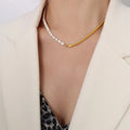 SP American Fashion Style Half Chain Half Pearl Beads Choker Stainless Steel Freshwater Pearl Necklace