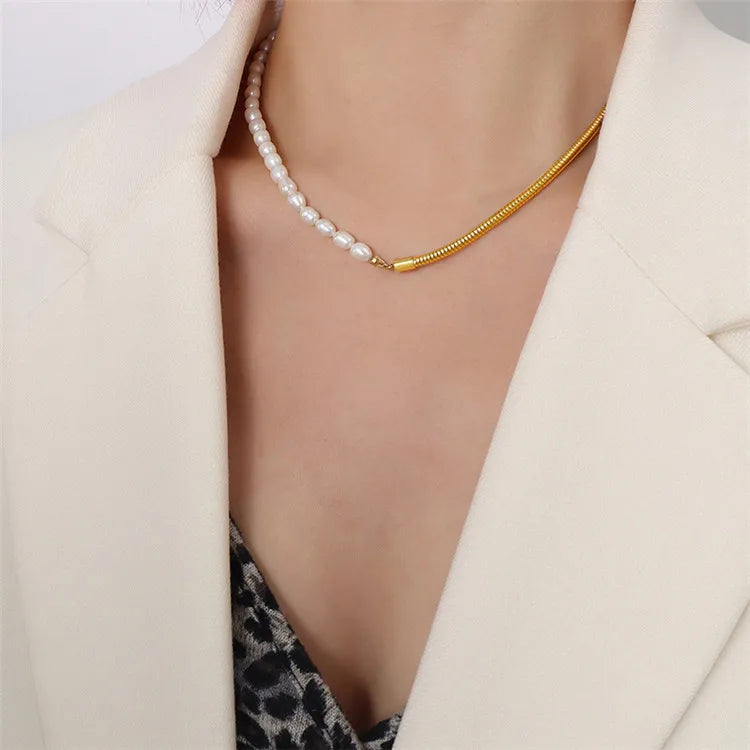SP American Fashion Style Half Chain Half Pearl Beads Choker Stainless Steel Freshwater Pearl Necklace