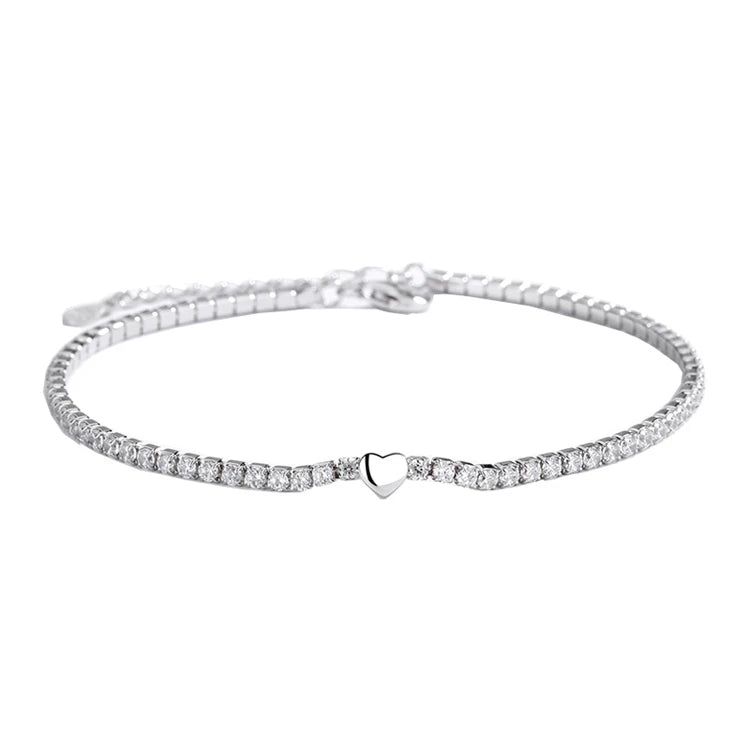 Fine Jewelry 925 Sterling Silver Cubic Zirconia Mini Heart Love Tennis Chain Bracelet For Women