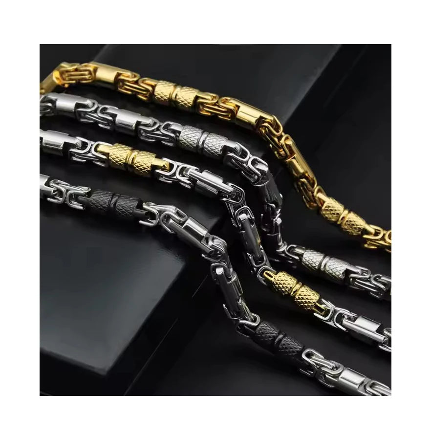 Hot Selling Titanium Steel Link Chain Gold Plating 6mm Stainless Steel Byzantine Chain Necklace for Men