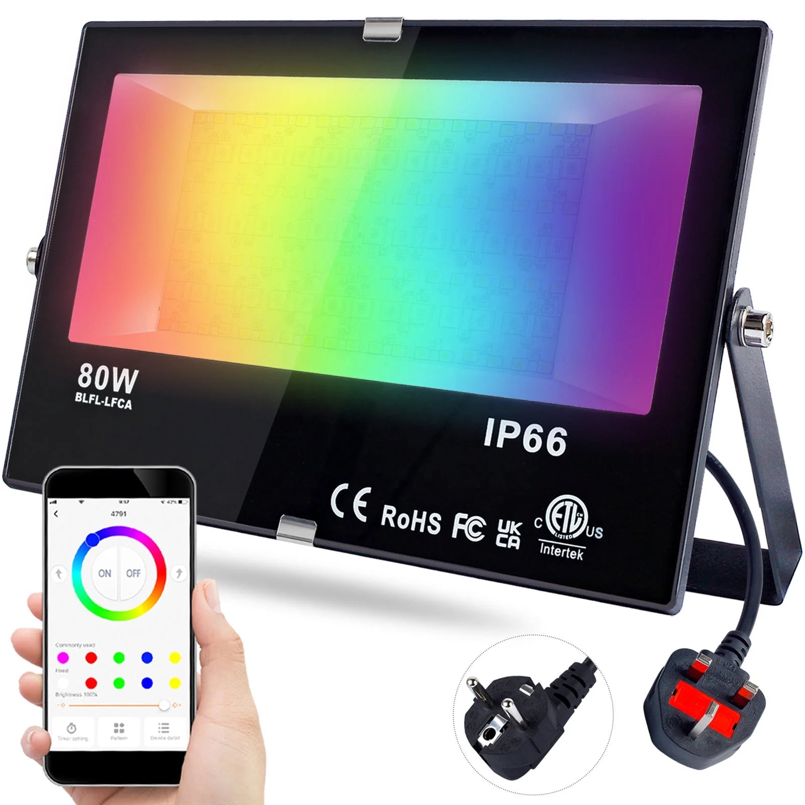 DUSKTEC High Brightness IP66 Outdoor 80W Smart RGB Flood Lights APP Control Multi Colour Warm White Aluminum LED Floodlight