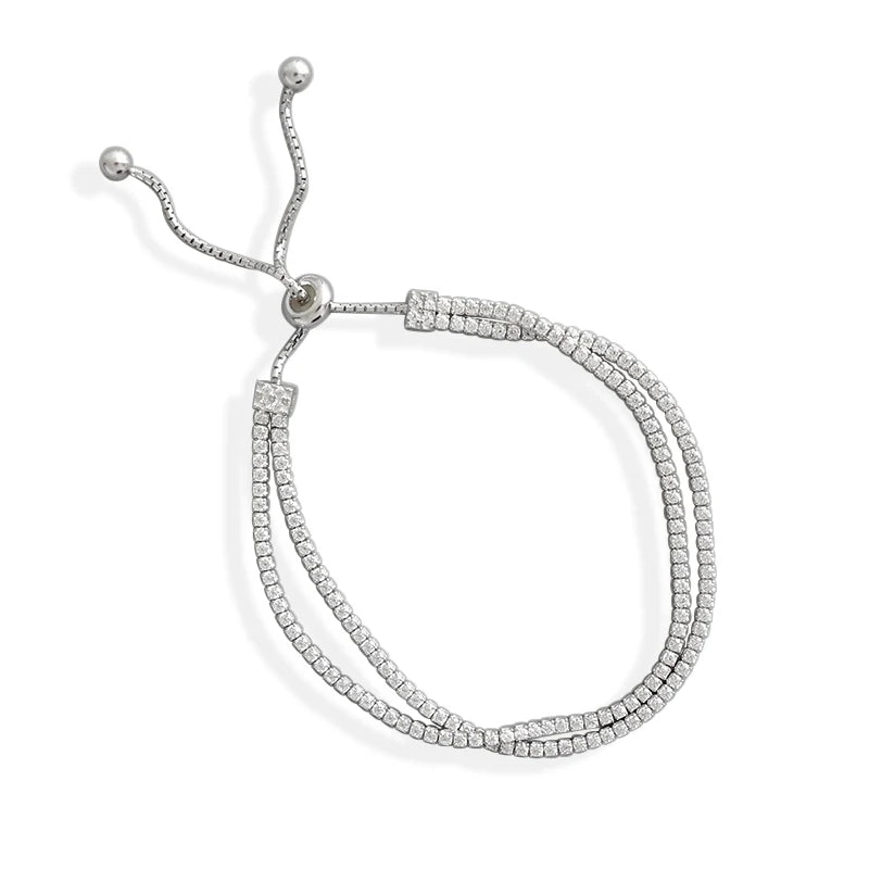 Real Sterling Silver Women Bracelets Clear Stone CZ  Double Layer Cup Chain Adjustable Tennis Bracelet Silver 925 Jewelry