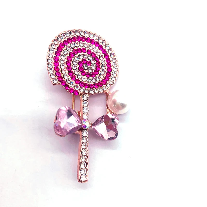 Rose Gold  Clear Crystal Rhinestone Cartoon  Faux Pearl Lollipop Candy Brooch Pin Lapel Pin