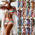 2026 Wholesale Custom Swimsuit Women'S Split Swimwear High Waist Long-Sleeved Drawstring 3 Piece Set Bikini Dress Beach Cover up