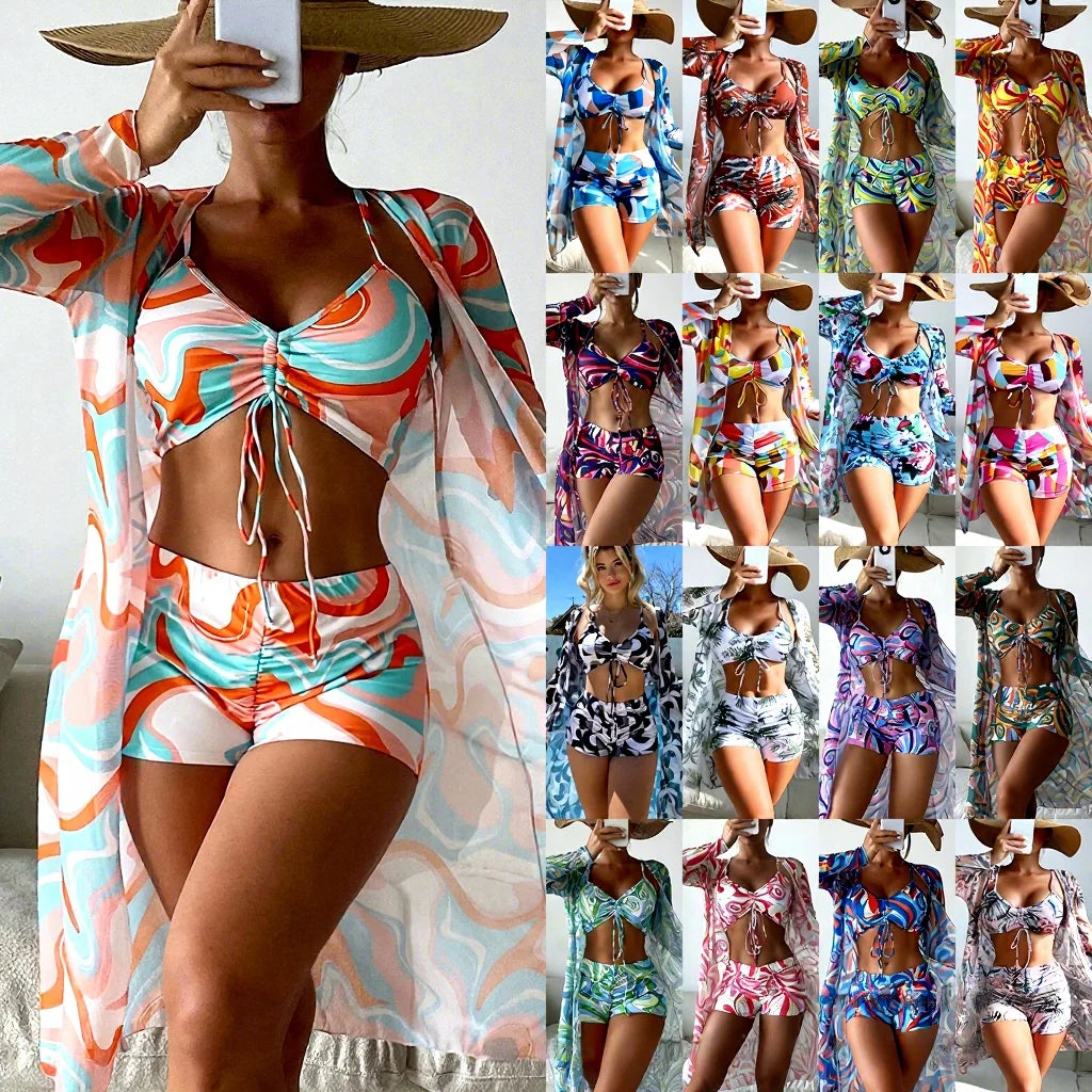 2026 Wholesale Custom Swimsuit Women'S Split Swimwear High Waist Long-Sleeved Drawstring 3 Piece Set Bikini Dress Beach Cover up