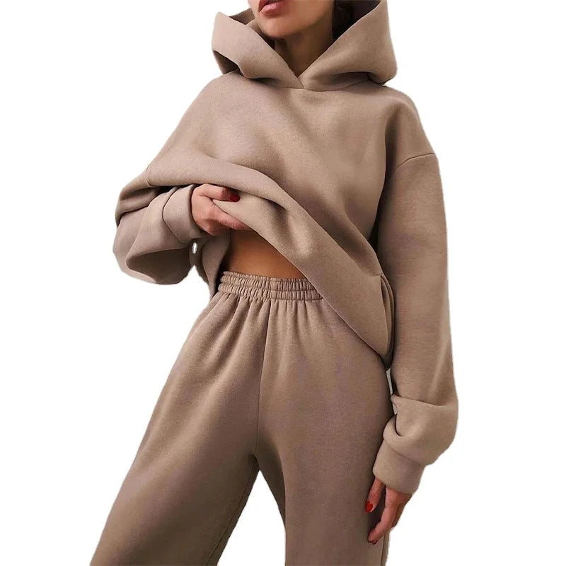 Women's Warm Oversized Hoodie Sweatshirt Set with Jogger Pants Solid Color Casual Tracksuit for Winter Hoodie Blank