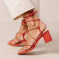Large Size Women Shoes Square Toe Strap Lace up Sandal Strappy Block Short Heels for Ladies