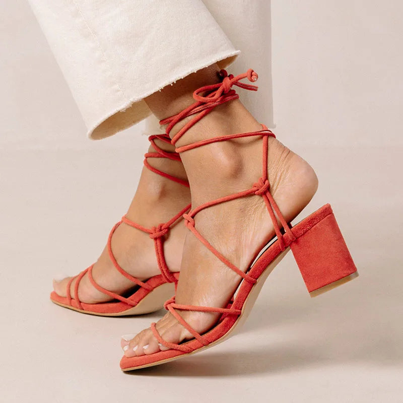 Large Size Women Shoes Square Toe Strap Lace up Sandal Strappy Block Short Heels for Ladies