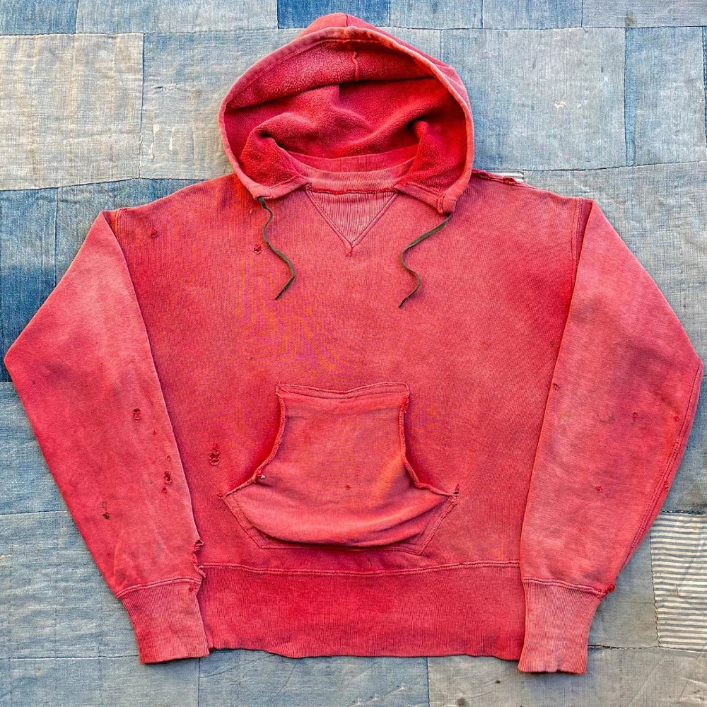 Heavyweight Winter Retro Men's French Terry Hoodie Print Design Aicd Wash Sunfaded Distressed Cracked Worn Finish Oversized Fit