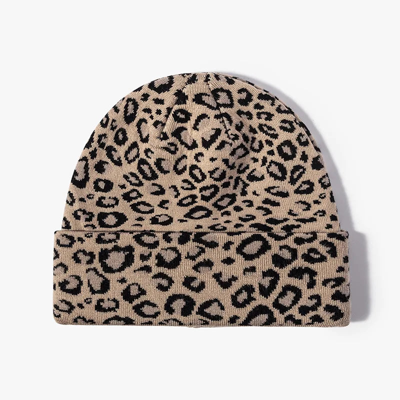Fashion Winter Women Outdoor  Beanie Knitted Hats Warm Leopard Print Thick Ear Protection Elastic Acrylic Beanie Hat