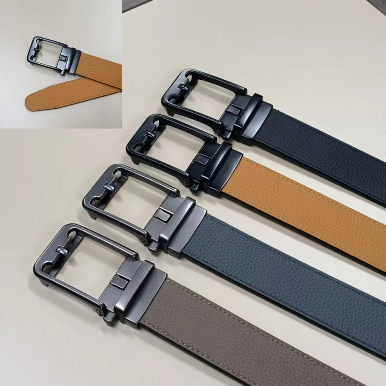 Designer Luxury Men's Genuine Cow Hide Leather Belt with Adjustable Automatic for Buckle Fashion Style Split Leather Belts