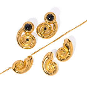 J&D Jewelry Stainless Steel Black Stone Chunky Snail Shape Spiral Hoop Earring Pendant Necklace