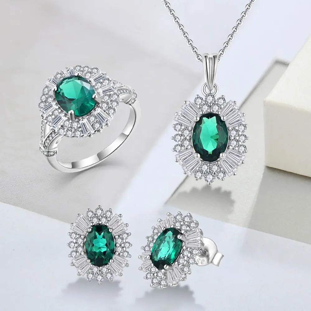 Micro Pave Green Emerald Ring Earrings Necklace Jewelry Displays for Store Luxury Cubic Zirconia Set
