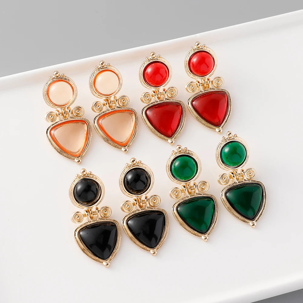 Retro Gold Plated Round Shape Earrings Women Multi Color Glass Crystal Geometric Earrings for Banquet