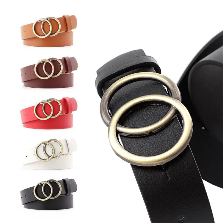 Women Skinny Pants Belt PU Material Double Ring Buckle Waist Belt for Women