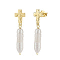 RINNTIN GPE107 Gold Cross Cultured Freshwater Pearl Earrings 925 Sterling Silver Baroque Strip Length Drop Earrings