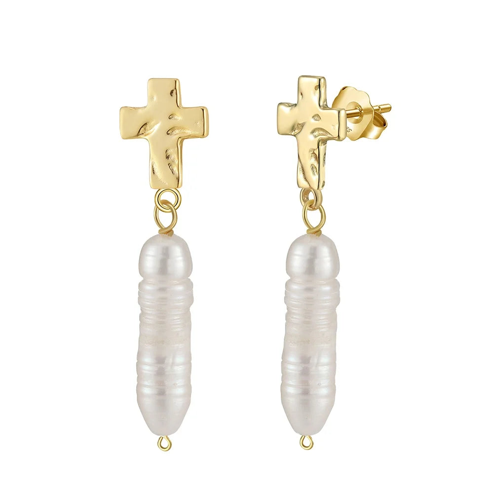 RINNTIN GPE107 Gold Cross Cultured Freshwater Pearl Earrings 925 Sterling Silver Baroque Strip Length Drop Earrings