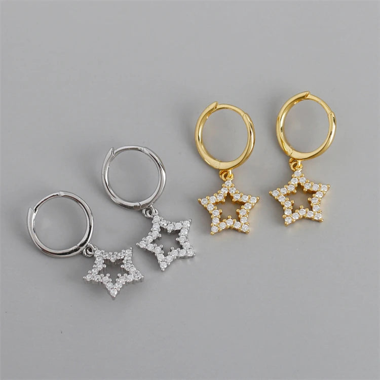 New Trendy Hollow Star Shape 18k Gold 925 Sterling Silver Fashion Women Hoop Earrings