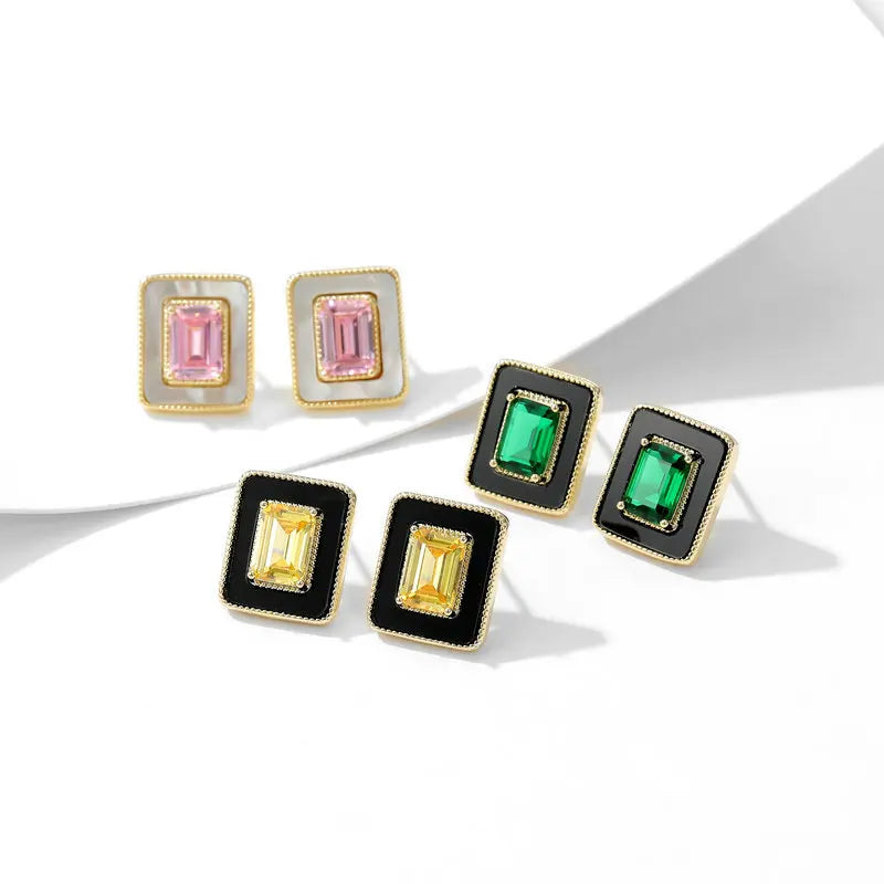 New Korean Style Personalized and Exquisite pink square Zircon Earrings with Geometric Design Light Luxury Temperament Earrings