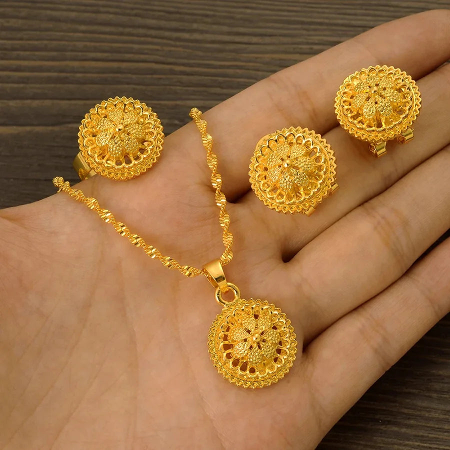 New Dubai Flower 24k Gold Plated Jewelry Sets African Bridal Necklace Earrings Saudi Arabia for Women Wedding Jewelry Set
