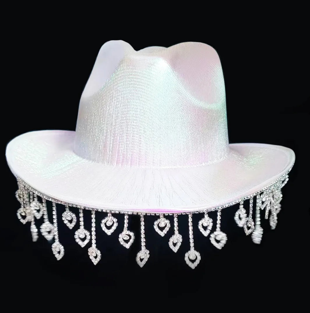 Women Rhinestone Heart Tassel Bridal Cowgirl Hat Bling Diamond Glitter Fringe Cowboy Hats Bride to Be Bachelorette Engagement