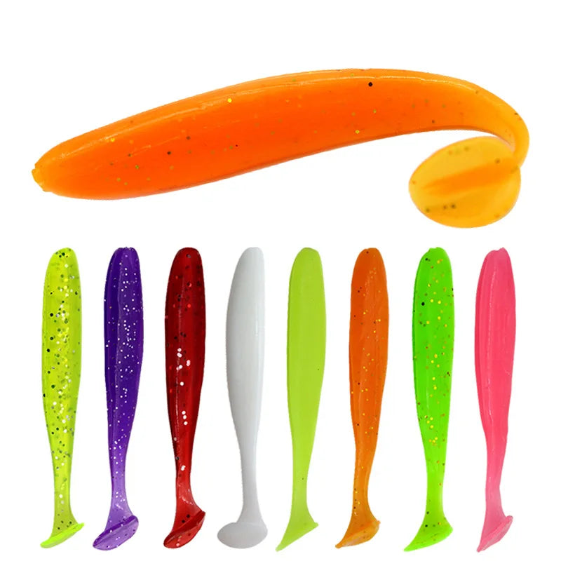 Wholesale 5.5/7/9/12cm Double Color T Tail  Shrimp Smell Silicone Baits Soft Worm Fishing Lures