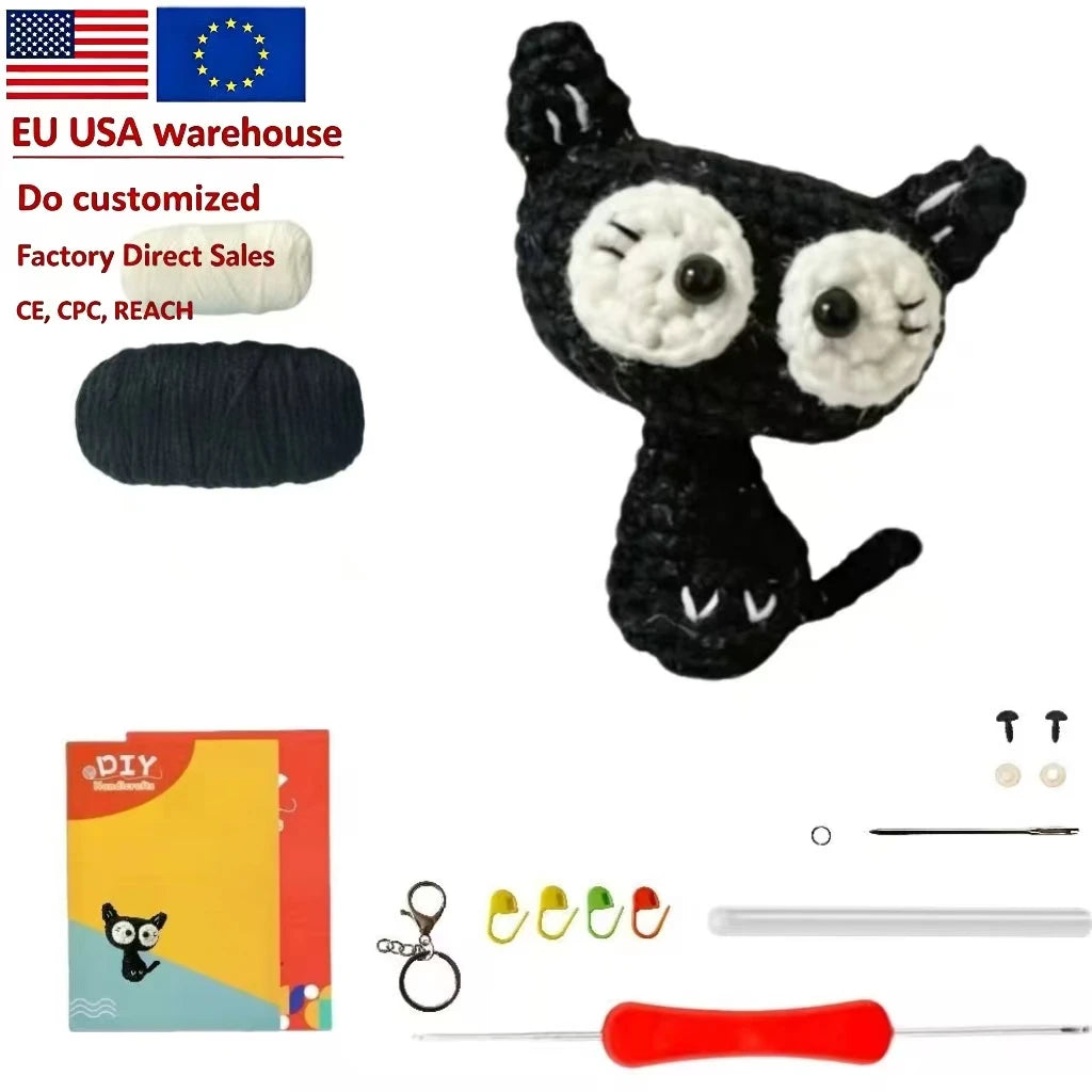 Black Color Big Eye Lovely cat DIY Amigurumi Animal Craft Kit 100% Handmade Crocheting Knitting cat Animal Starter Kit