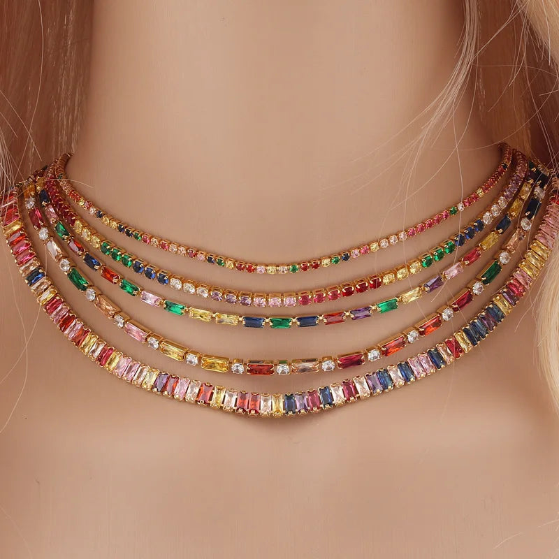 Fatingna Woman's Gold Plated Collar Chain New Arrival Rainbow Color Geometric Rhinestone Choker Necklace Stainless Steel