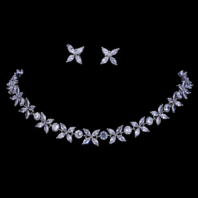 SLBRIDAL Luxury Sparkling Prong Setting Bridal Cubic Zircon Necklace Earring Set Wedding CZ Jewelry Set Women Party Jewelry