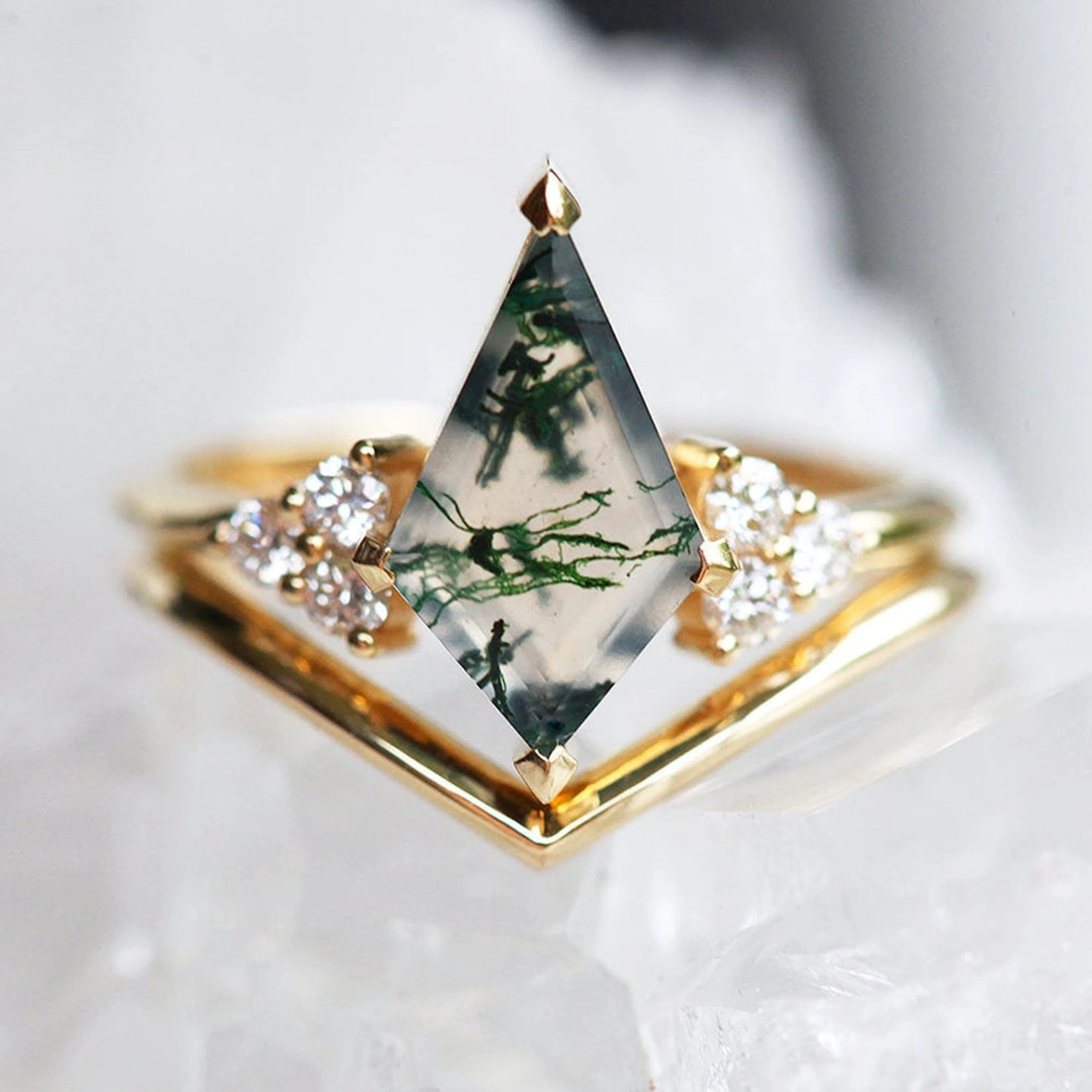 S925 Silver Kite Cut Green Moss Agate Jewelry Women Bridal Valentines Ring Sets Gift