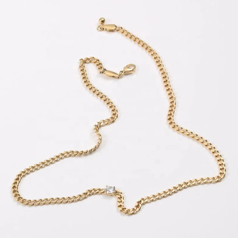 Ins Style Women Jewelry Set 6mm Flat Curb Link Chain Cubic Zirconia Setting Stainless Steel Necklace Anklet