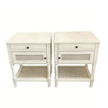 Cream Style Distressed White Rattan Nightstands - French Solid Wood Carved Bedroom Storage Side Tables