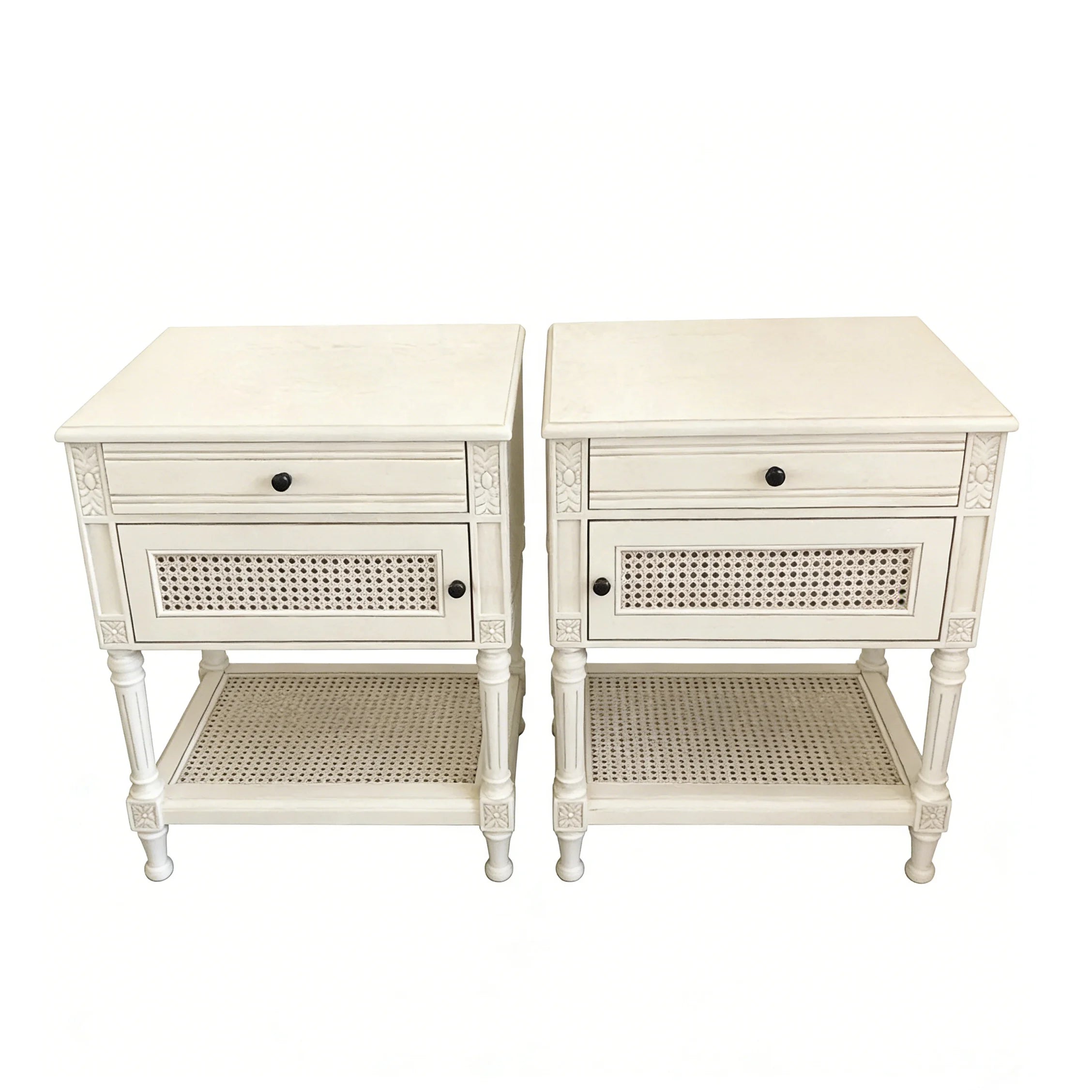 Cream Style Distressed White Rattan Nightstands - French Solid Wood Carved Bedroom Storage Side Tables